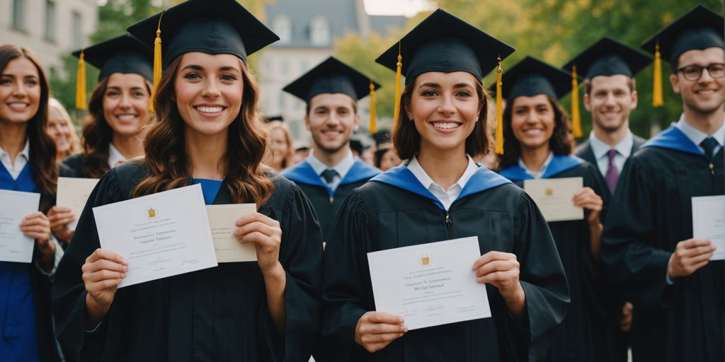 Online business management graduates celebrating with diplomas.