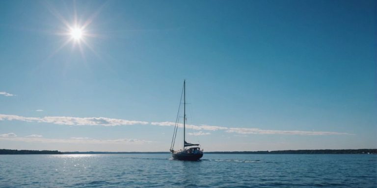 Boat on calm water with clear blue sky