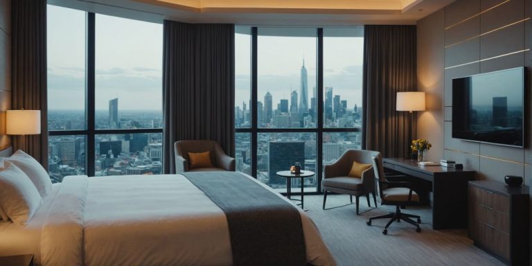 Elegant hotel suite with cityscape view and premium facilities.